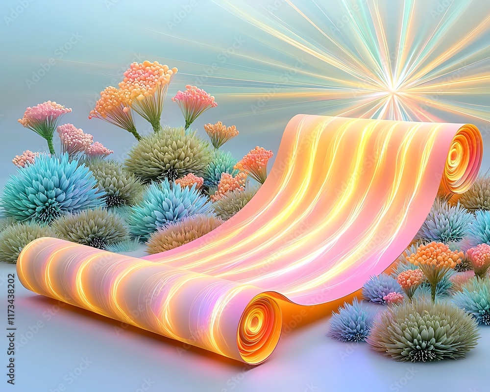 Poster glowing pastel scroll surrounded by vibrant flora and light rays, ideal for representing scots langu