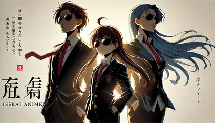 Stylish Animated Trio With Sunglasses in Elegant Suits Highlighted Dramatically