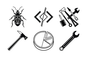 Fototapeta premium Vector Silhouettes of Bug, Code, Tools, Hammer, Pie Chart, and Wrench - Perfect for Microstock Platforms