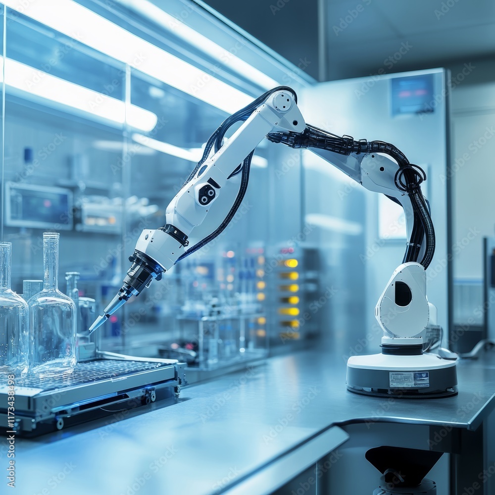 Poster robotic arm operating in a high-tech laboratory, showcasing innovation in scientific research and au