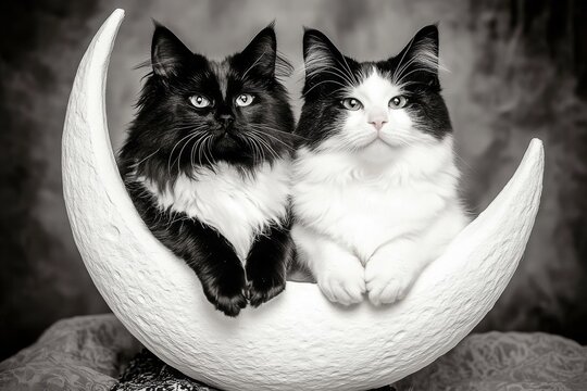 Two cats, black and white, elegantly pose on a crescent moon, representing balance and harmony in a beautifully themed artistic black and white photograph.