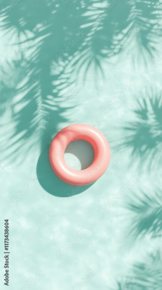 Aufkleber Minimalist summer background showing a pink inflatable ring floating on turquoise water, with palm tree shadows adding a touch of tropical vibes, perfect for holiday and travel concepts