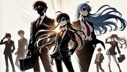 Stylish Animated Trio With Sunglasses in Elegant Suits Highlighted Dramatically