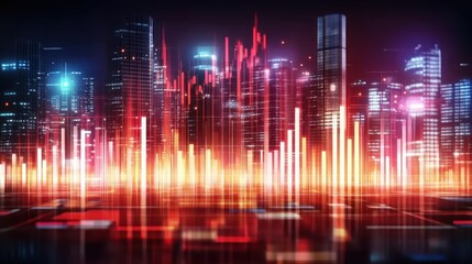 Abstract cityscape at night, neon lights and reflections in futuristic metropolis