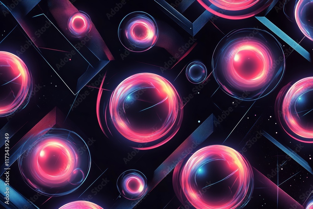 Poster dynamic abstract background featuring colorful spheres and geometric shapes. this vibrant design ble