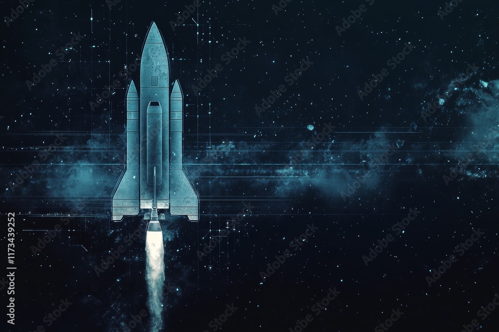 Poster a sleek rocket launch design set against a dark space backdrop filled with stars and nebula. the dyn