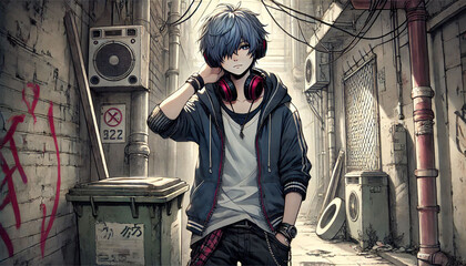 URBAN,Urban Vibes with Teenage Boy Listening to Music in Alleyway