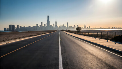 Obraz premium Urban Skyline with Road and Water at Sunset in a City Landscape