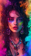 A young woman captivates with her enchanting look, adorned in colorful makeup and sparkling jewelry