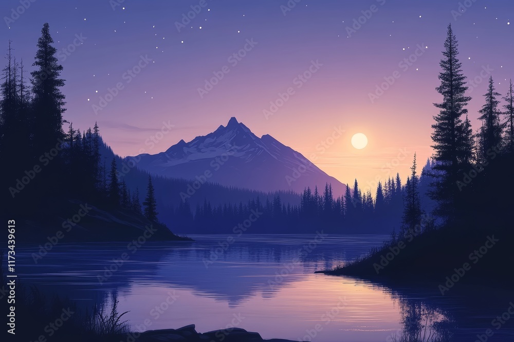 Poster a breathtaking view of a mountain at twilight, reflected in a calm lake, surrounded by trees under a