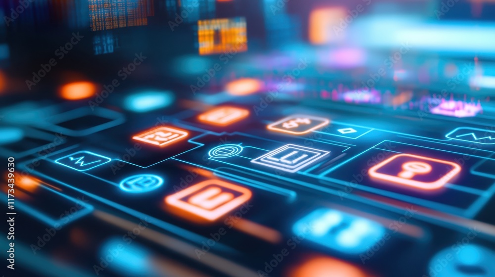 Poster closeup of computer keyboard with app icons, glimpse into modern digital connectivity and productivi