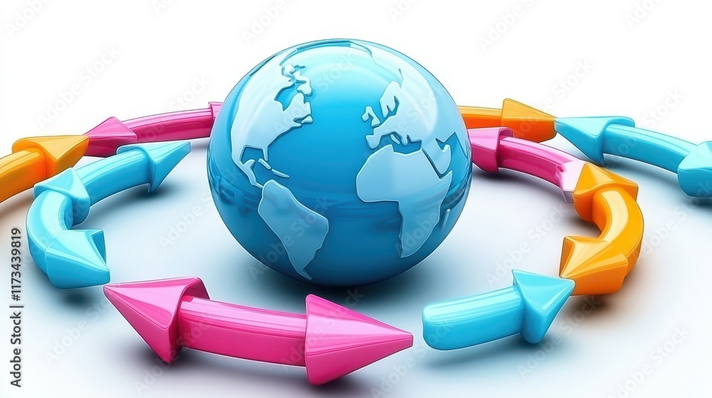 Poster global connectivity, arrows encircling a globe representing worldwide communication and data flow