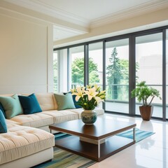 Naklejka premium A contemporary, light-filled living room with a lounge area close to a glass window that makes for a cozy and welcoming place to unwind and have fun