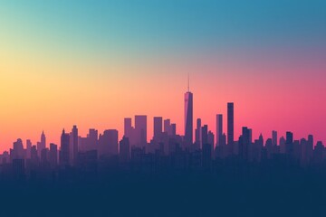 Fototapeta premium City skyline with a beautiful sunset in the background. The sky is a mix of pink, orange, and blue hues