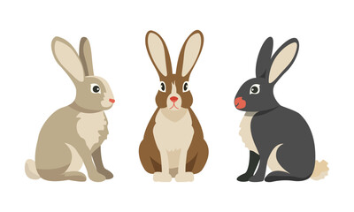 Beige, brown and black bunnies Easter bunnies in different poses. Illustration in vector style