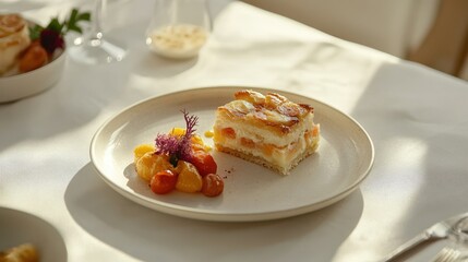 White table with artisanal dish on delicate plate and taupe background