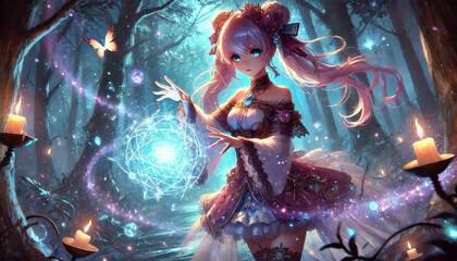 Enchanting Fantasy Sorceress in Magical Forest Casting Light Spell