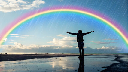 Bright Rainbow Over Puddle with Silhouette of Person Celebrating