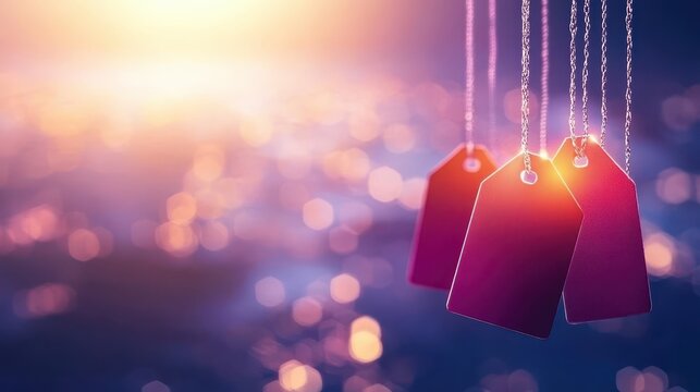 Two blank red price tags hanging on string, ready for your custom text or design