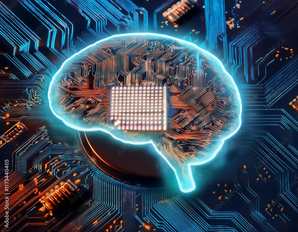Poster intricate circuit board with illuminated brain symbol representing artificial intelligence technolog