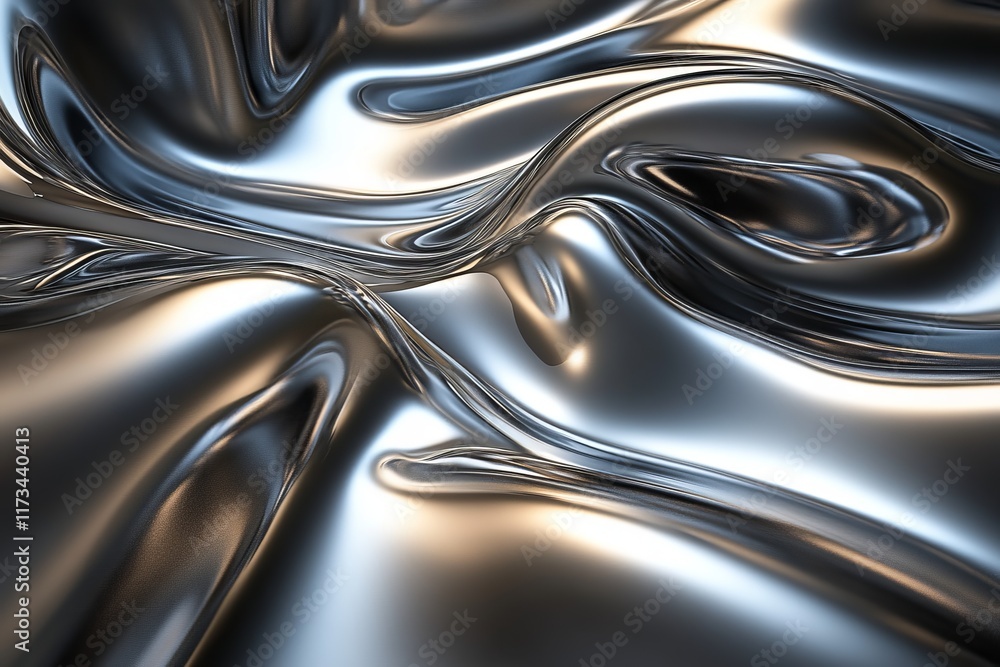 Poster a close-up of a metallic liquid surface with smooth curves and reflective highlights, creating a fut