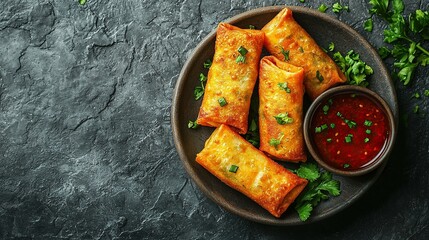 Crispy spring rolls with dipping sauce on dark textured surface.