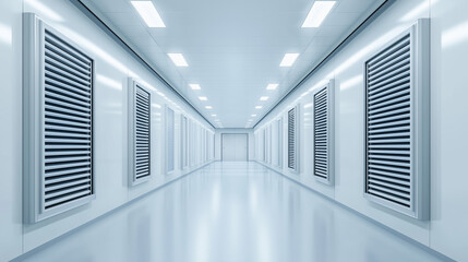 Sleek white corridor bathed in blue-white illumination, featuring modern air vents and purification systems