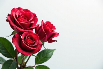 Three dewy red roses on pure white backdrop Close-up view highlighting texture & color , floral, bloom
