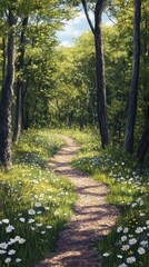 Obraz premium A tranquil forest path lined with vibrant wildflowers and tall trees, bathed in sunlight on a clear day.