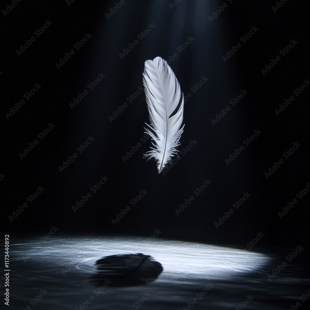 Poster a stunning close-up of a soft white feather gracefully floating in dark space, illuminated by a dram