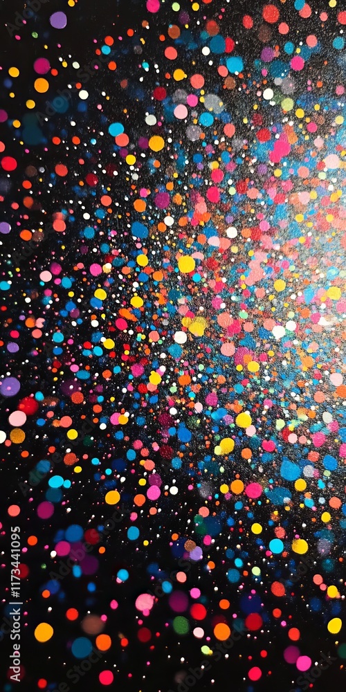 Poster a dynamic abstract artwork featuring a burst of colorful dots on a black background, creating a vibr
