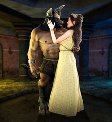 Beauty and the beast,  Ariadne and the Minotaur in the legendary Labyrinth of Minos, 3d render.