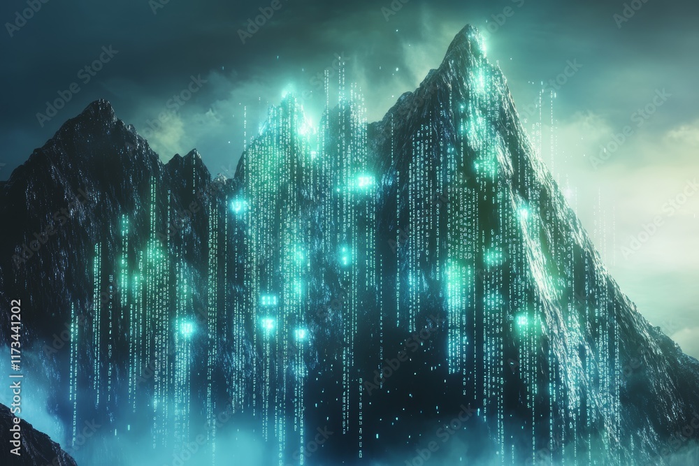 Poster discover a surreal digital mountain range illuminated by glowing binary codes, creating a mystical a