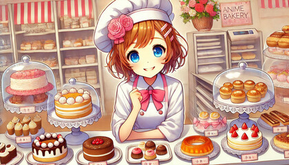 Charming Bakery Display with Pastry Chef Showcasing Delightful Cakes and Desserts