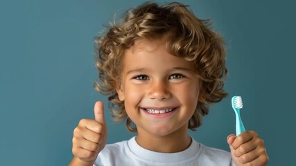 A smiling child holding a toothbrush and giving a thumbs-up against a vibrant blue background