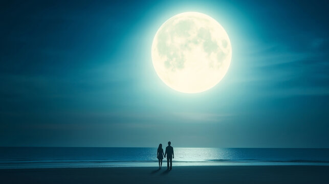 Romantic silhouetted couple holding hands, moonlight casting dreamy glow across sandy shoreline, evoking intimate nighttime moment