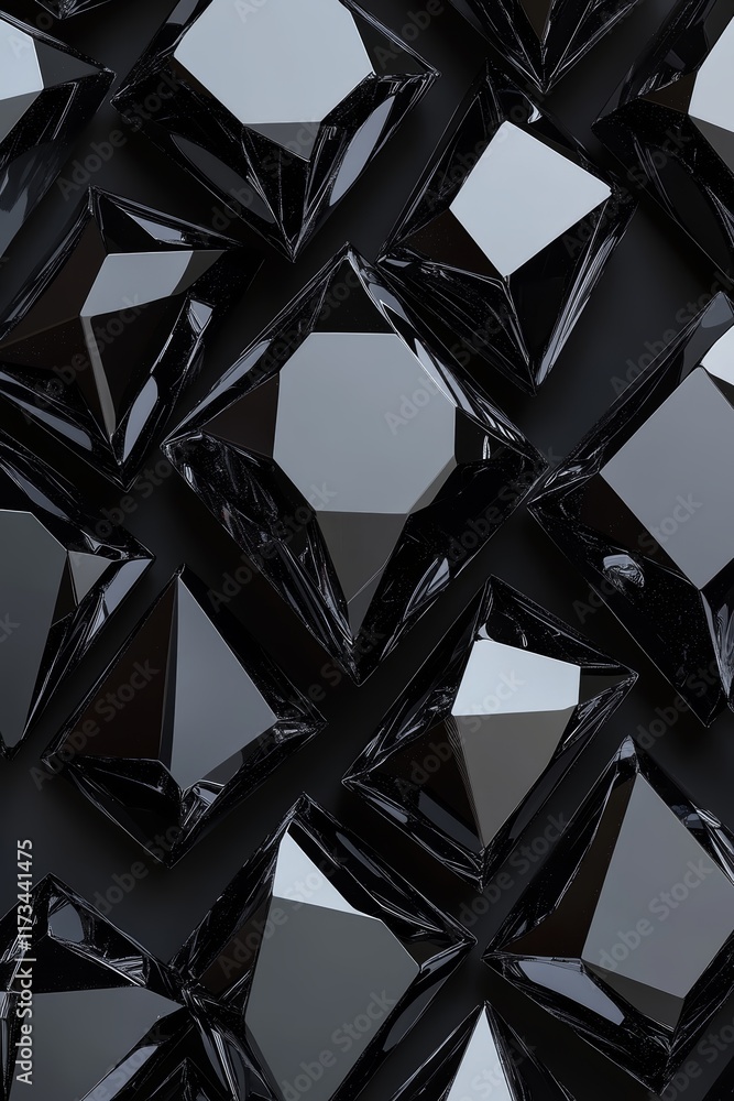 Poster a striking abstract image featuring a geometric pattern of black crystals with reflective surfaces a