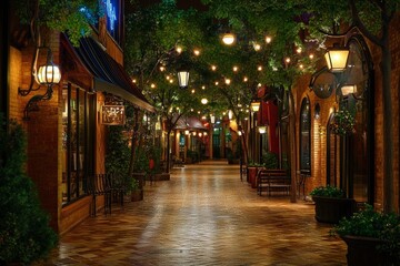 Obraz premium Serene Night View of Charming Alleyway with String Lights and Trees