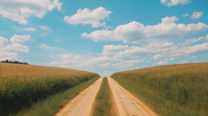 Rural road cutting through flat farmland, vanishing into distant horizon under puffy white clouds, conveying serene countryside tranquility