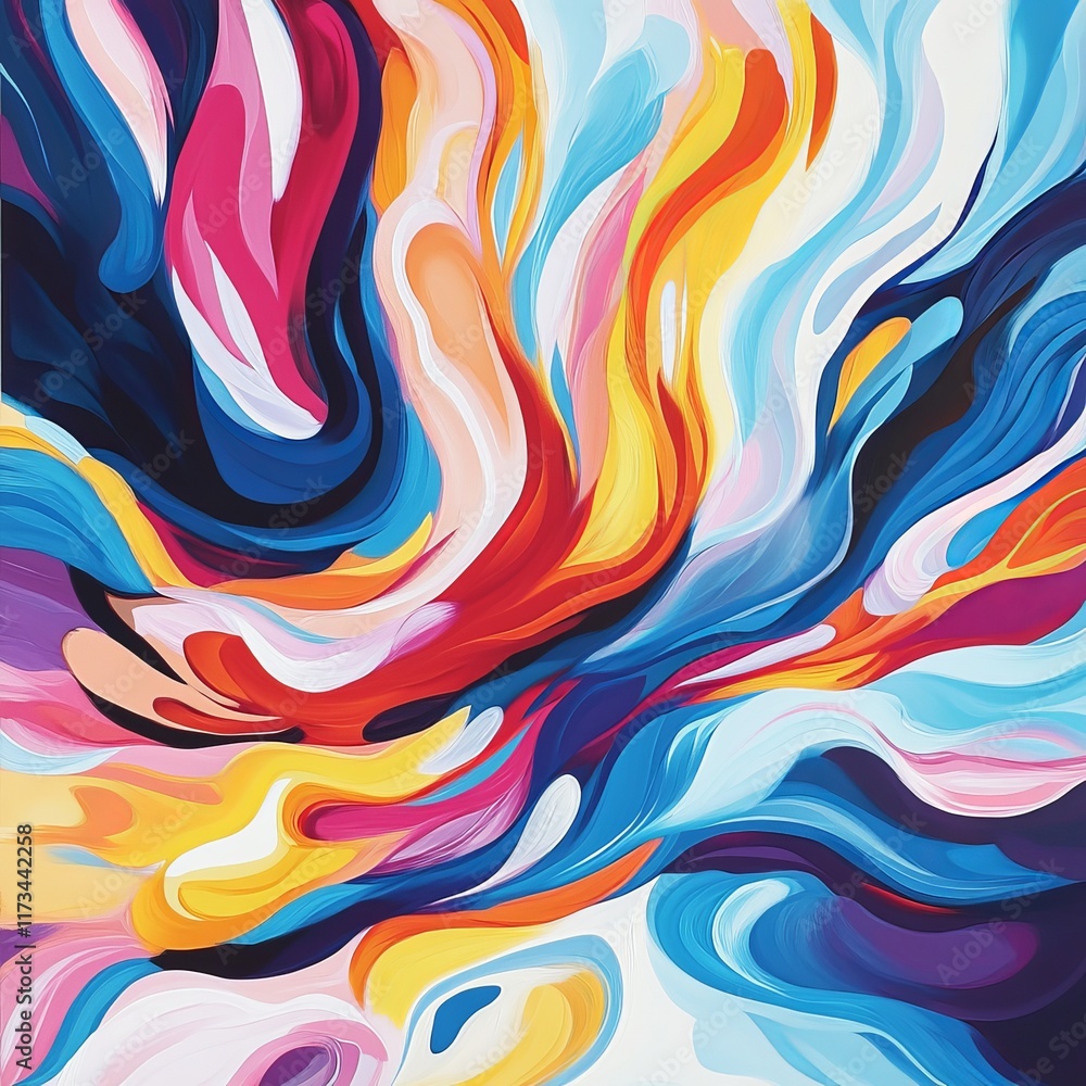 Poster dynamic abstract artwork featuring vibrant swirling colors and bold shapes, creating a lively and mo
