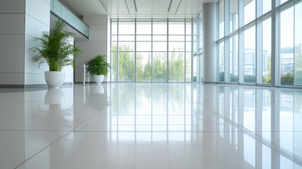 Wide-angle view of a clean and shiny floor reflecting the light in a modern office building lobby with large windows and potted plants