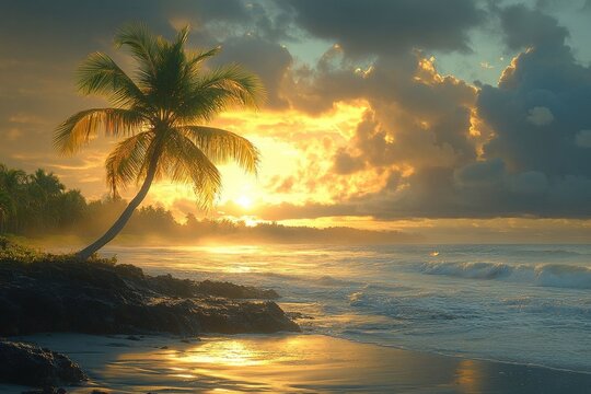 Tropical sunrise beach scene with lone palm tree, golden light reflecting on calm ocean waves and dark rocks.