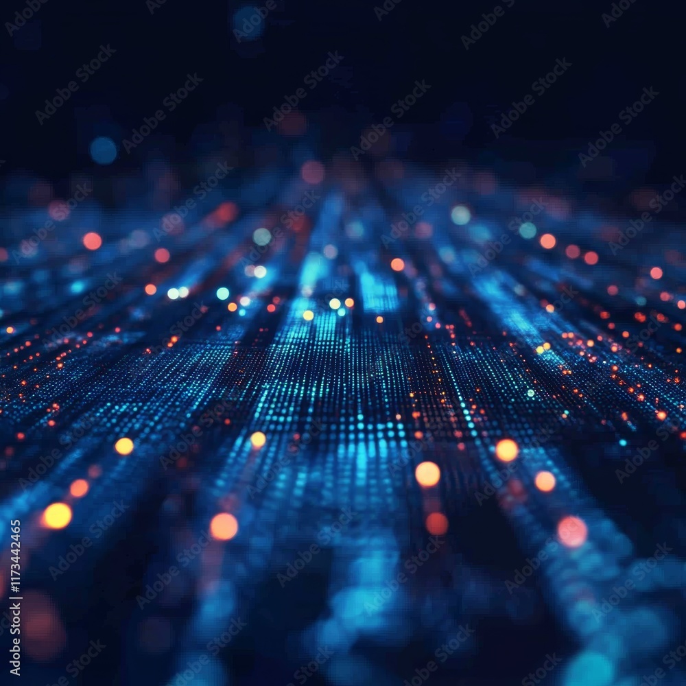 Poster explore a mesmerizing abstract representation of data patterns in space, featuring vibrant blue and 
