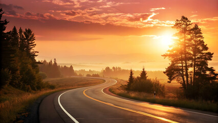 Scenic Winding Road Through Forest at Sunrise with Colorful Sky