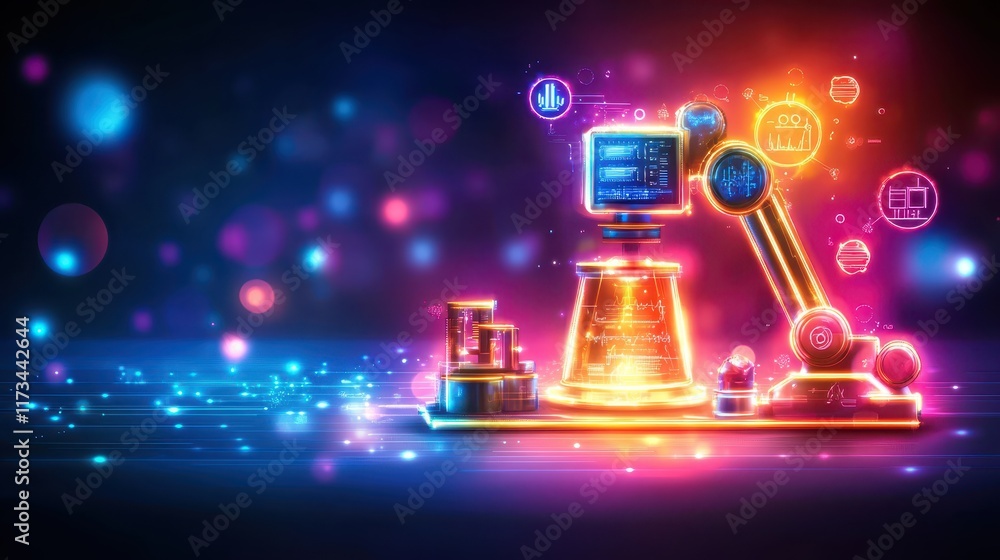 Poster advanced robot with glowing lights and camera explores new worlds, a vision of future