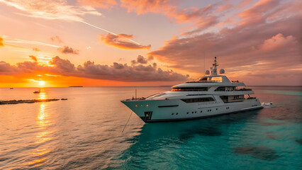 Elegant Luxury Yacht at Sunset on Calm Ocean Waters
