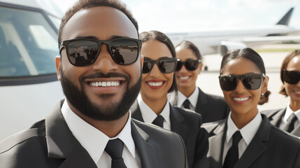 Professional airline crew standing together near aircraft, representing teamwork with cheerful expressions in modern airport environment