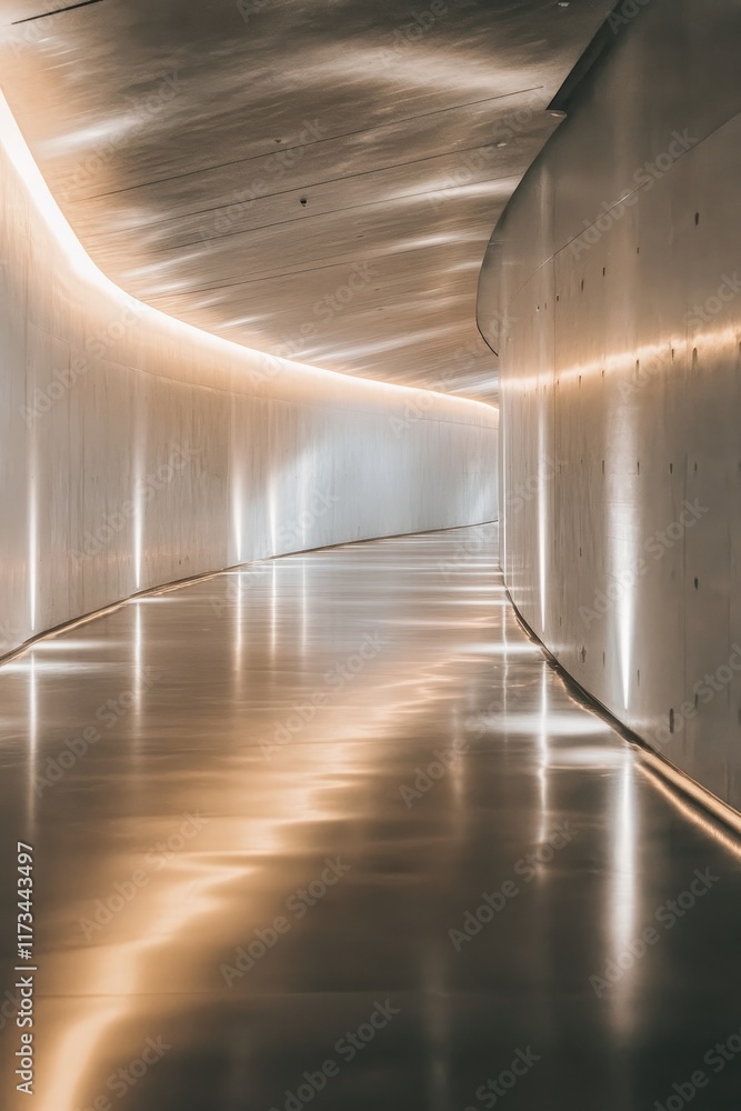 Poster a captivating modern hallway featuring soft lighting and smooth reflective surfaces, creating a sere