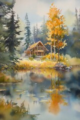 A serene autumn landscape featuring a cozy cabin beside a reflective water body. The scene is enriched by colorful foliage, evoking feelings of peace and tranquility.