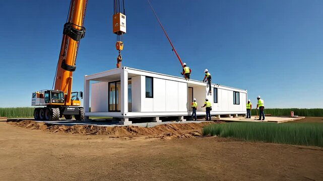 Construction Team Installing Modular Home Units with Crane on Site Against Clear Blue Sky

